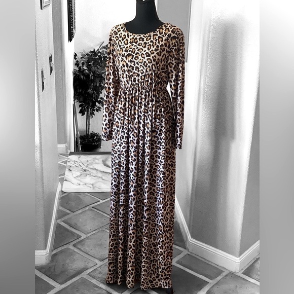 Vintage Leopard Maxi Dress Scoop Neck Fall Maxi Brown Black Women’s Size La… - Picture 10 of 11